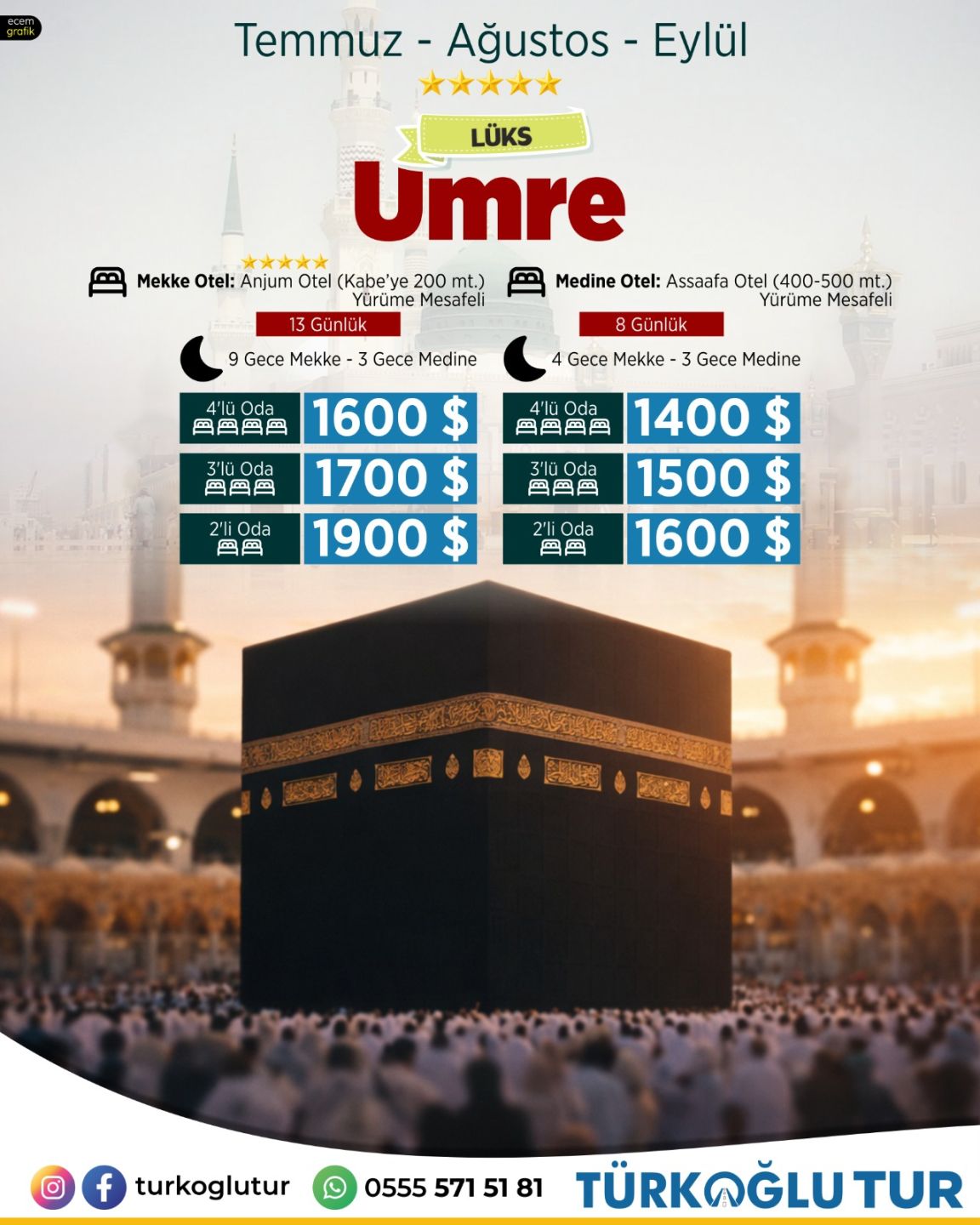 5 YILDIZ LÜKS YÜRÜME MESAFELİ UMRE